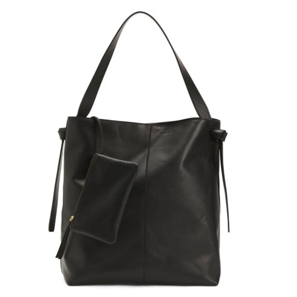 DIMONI Black Leather Smooth Bucket Bag With Side Knots